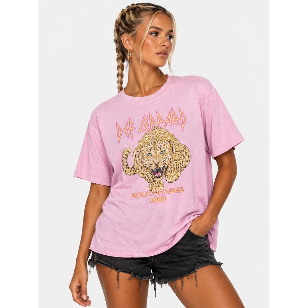Def Leppard Rock of Ages 1983 Pink 100%Cotton T-Shirt Cropped Oversized XL